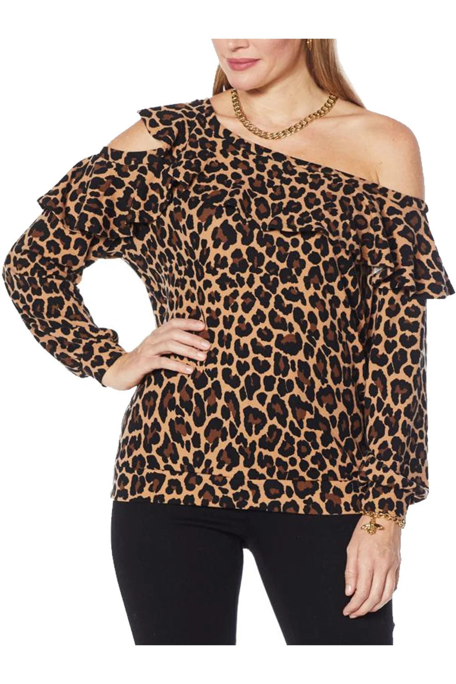 Colleen Lopez Ruffle Sweatshirt with Cutout Detail Neutral Leopard - Regular